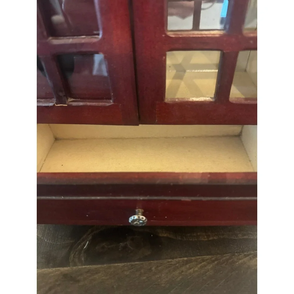 Vintage Wooden Jewelry Armoire Cherry Finish Glass Doors Necklace Carousel Box